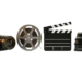 Professional cinema camera, film reel, clapperboard and lenses – wedding video editing gear
